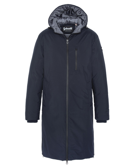 Vue de face de la parka Schott FARGO avec capuche et fermeture éclair intégrale couleur navy