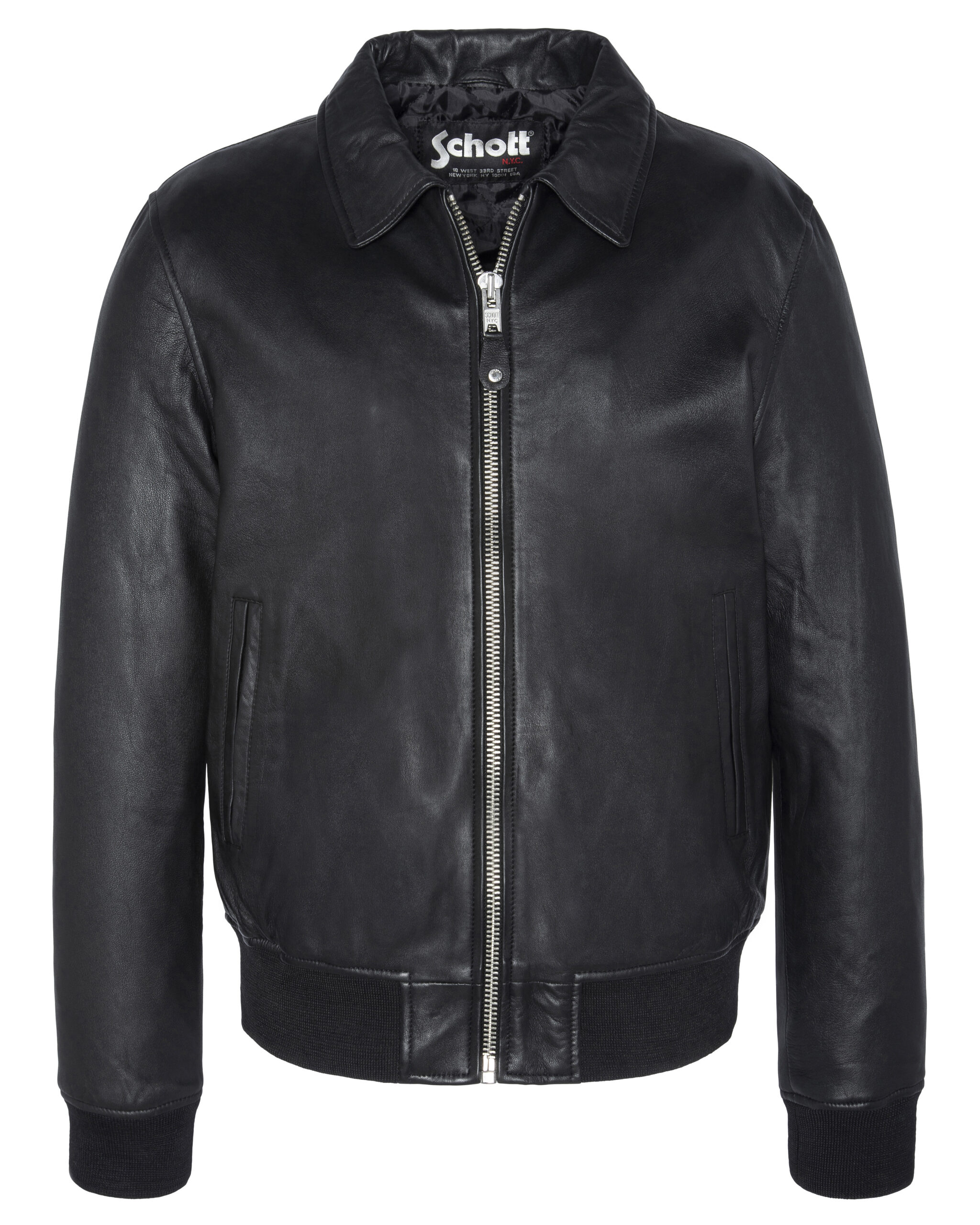 Blouson casual en cuir, col officer à pointes. Marque schott