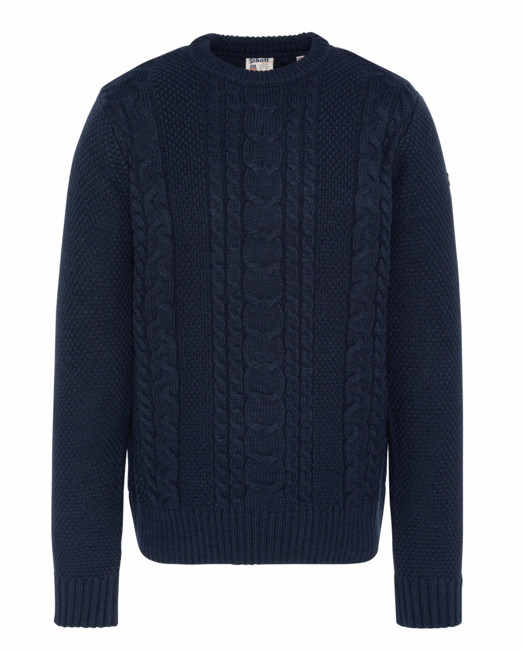 Pull Schott PLTORSADO en maille torsadée, coloris navy, avec col rond et logo discret sur la manche.