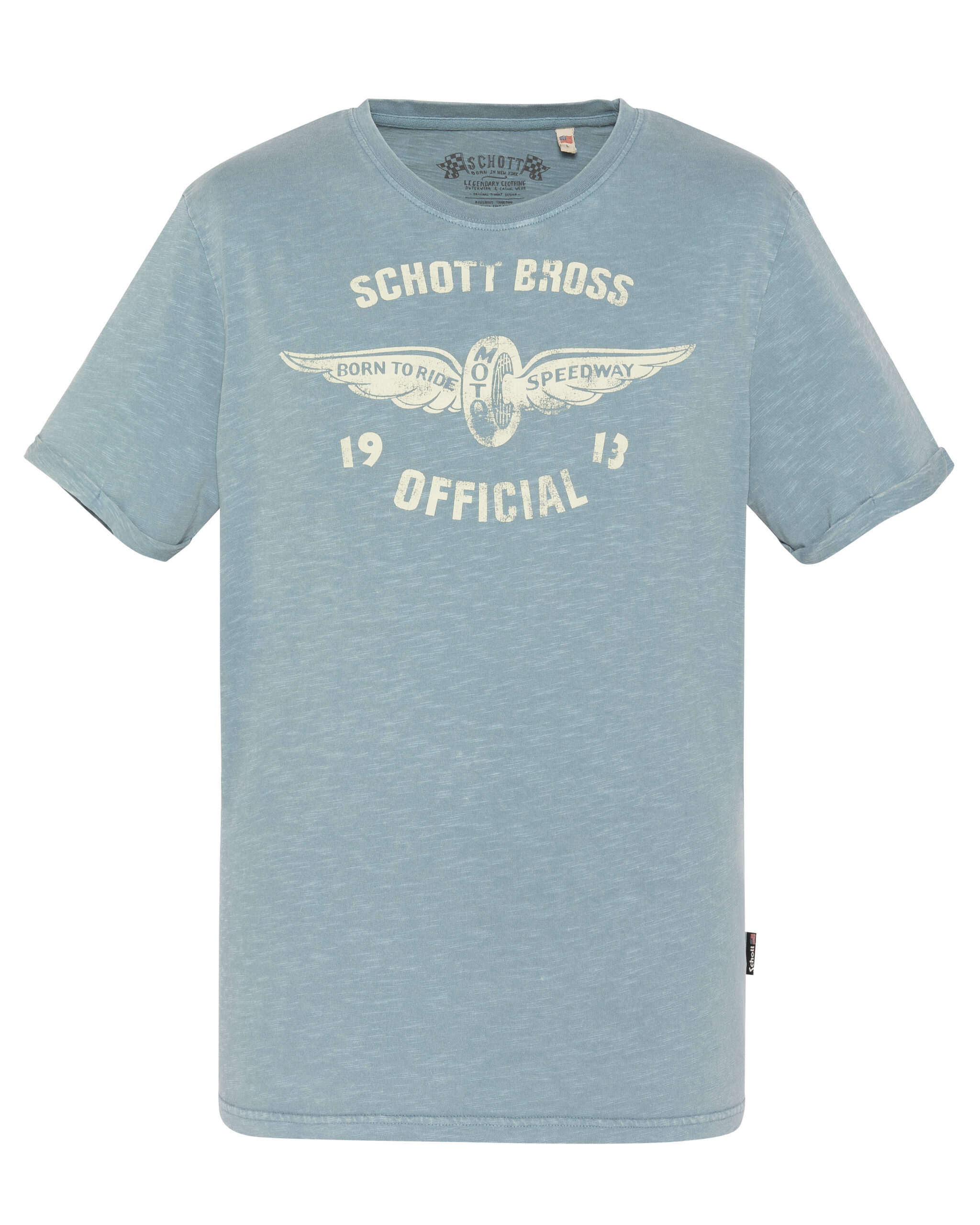 Vue avant du t-shirt Schott Bross Speedway TSDARIN avec imprimé vintage moto "Born to Ride Speedway" en couleur bleu.