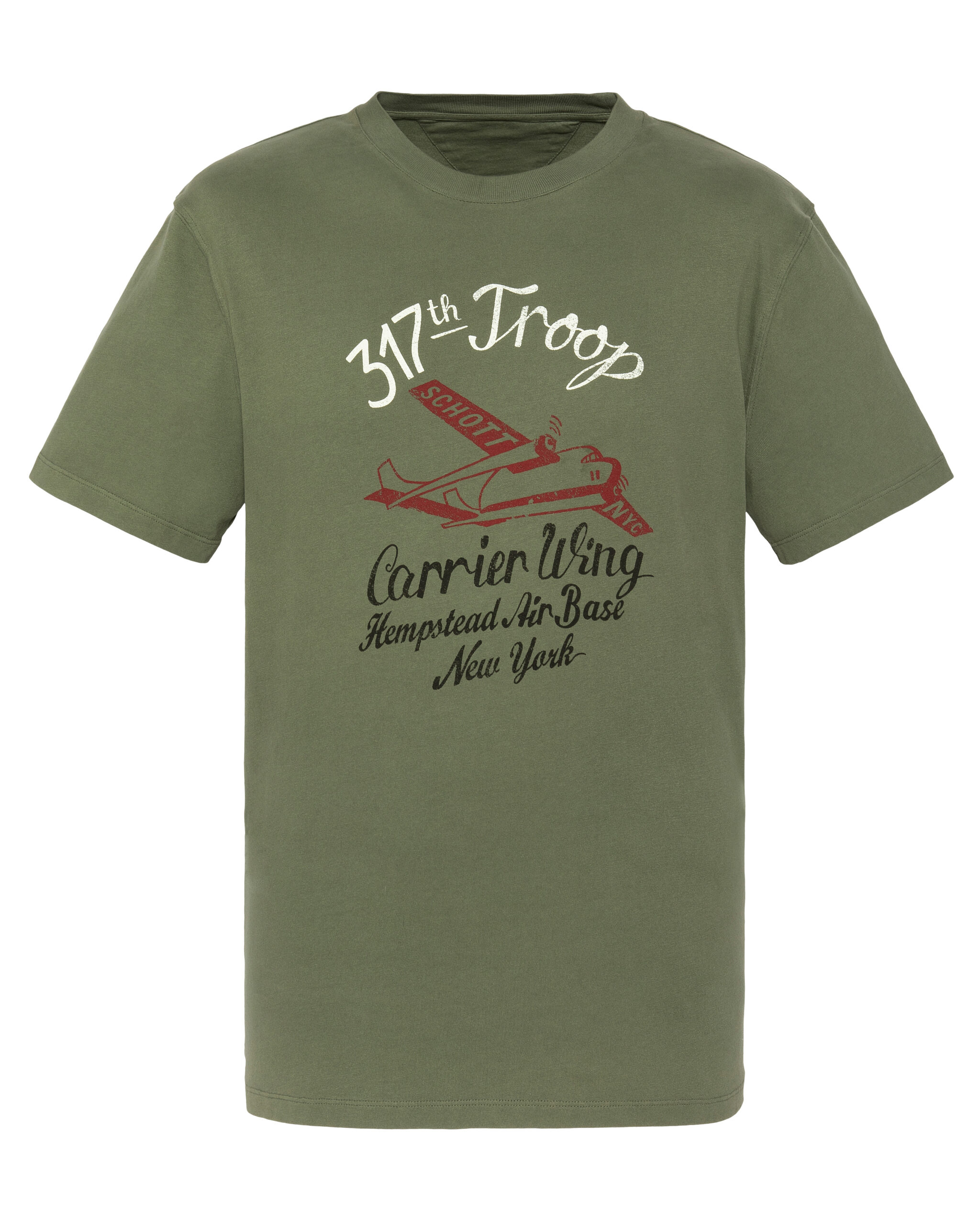 Vue avant du t-shirt Schott TSMEL avec imprimé militaire "317th Troop Carrier Wing" et avion, coupe droite.